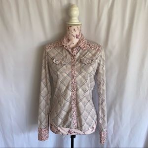 MOST sz:M Floral Trim White Flannel Blouse Top Button Up